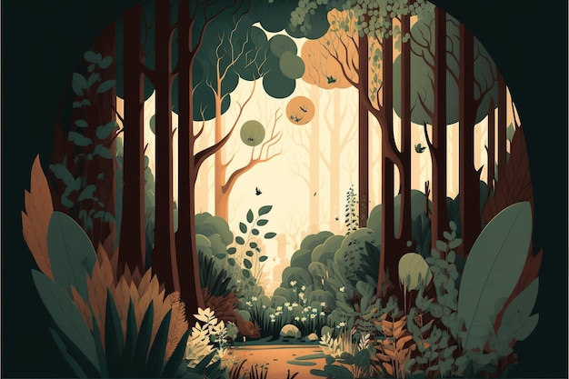 Forest clearing Flat design illustration muted and earthy colors harmony and balance Generative AI