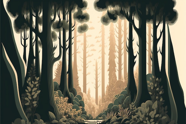 Forest clearing Flat design illustration muted and earthy colors harmony and balance Generative AI