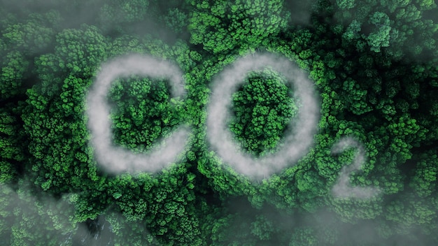 Forest and CO2 fog top view Environmental pollution and nature concept Global warming and gas creative idea