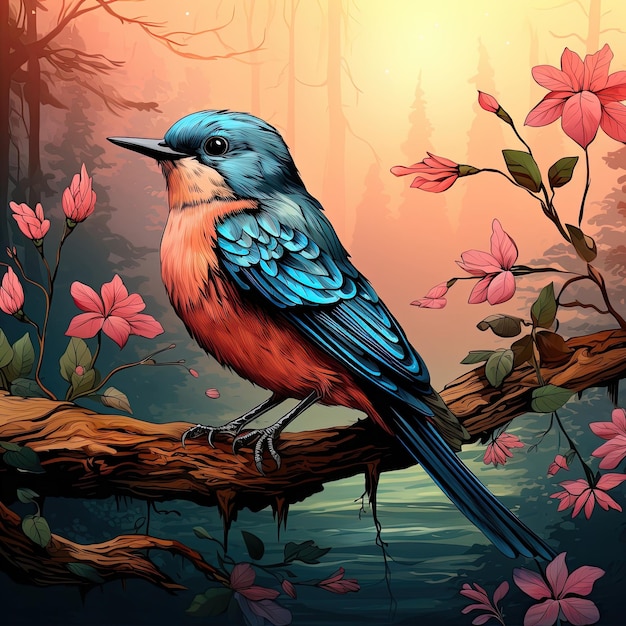 숲에서 다채로운 새가 나뭇가지에 앉아 있습니다. Generative AI