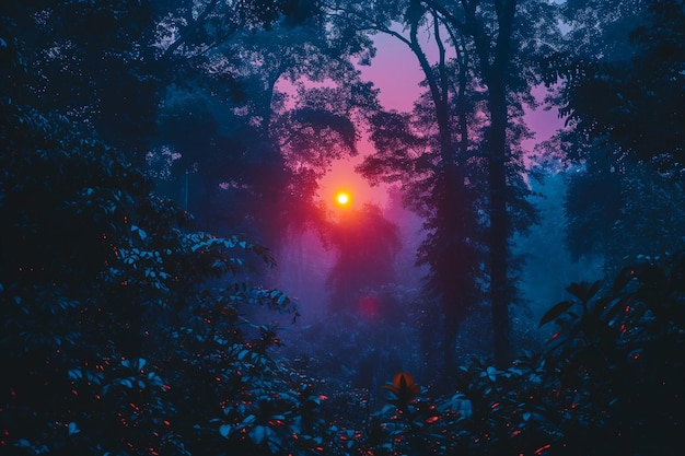 Forest covered in bushes and trees during the night