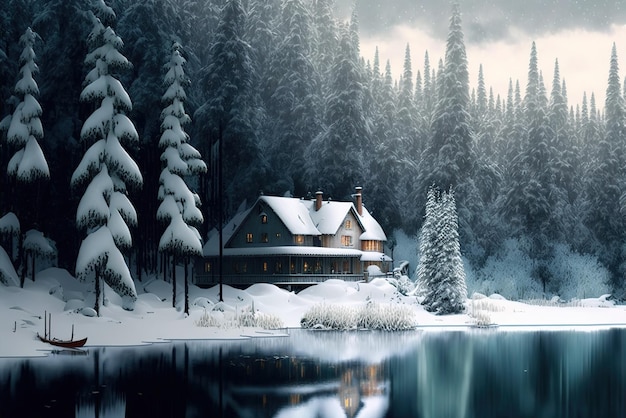 Лес, покрытый снегом, возле домика у озера