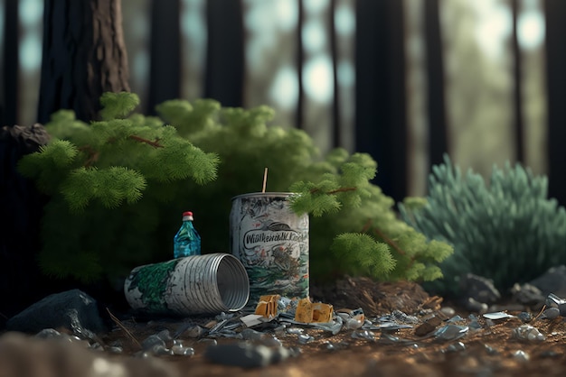 Forest damaged with garbage Pollution concept Generative AI