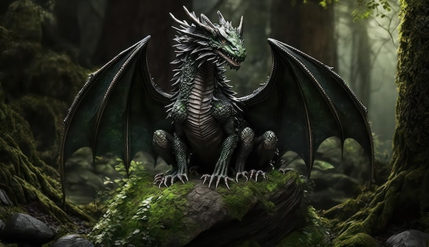 Forest dark dragon with wings sitting on stone in green woods Generative AI