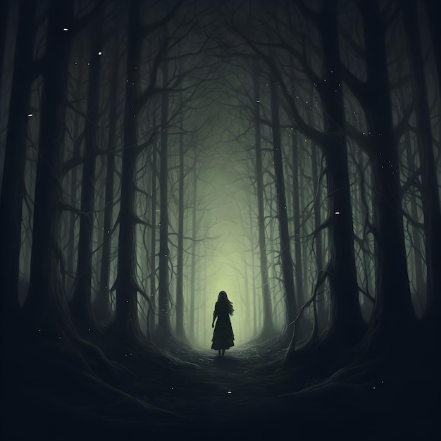 forest dark vibe with girl walking through