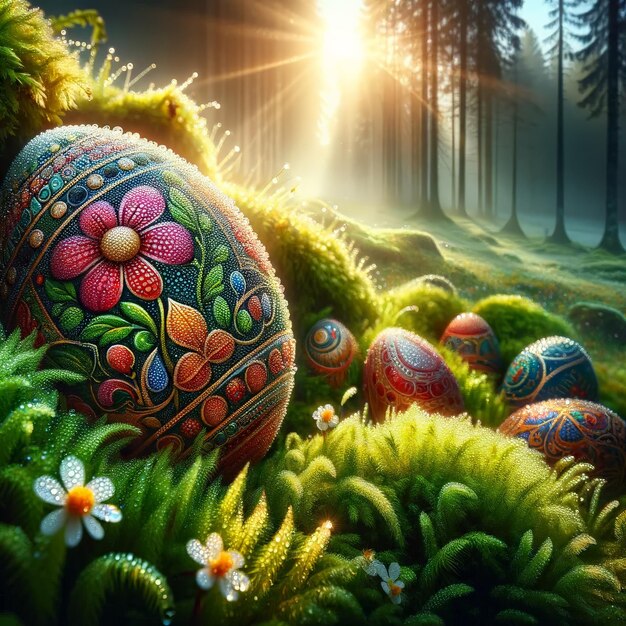 Forest Dawn Ornate Easter Eggs Amidst Verdant Moss