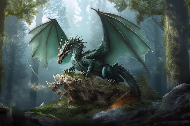 Photo forest dragon sits on a rock in the forest ai generated