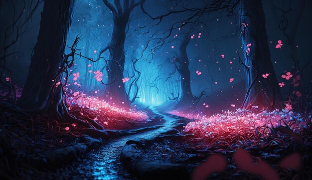 Foto forest dream of novel forest path in een fairy kingdom met floral glow magic en fantasy mooi