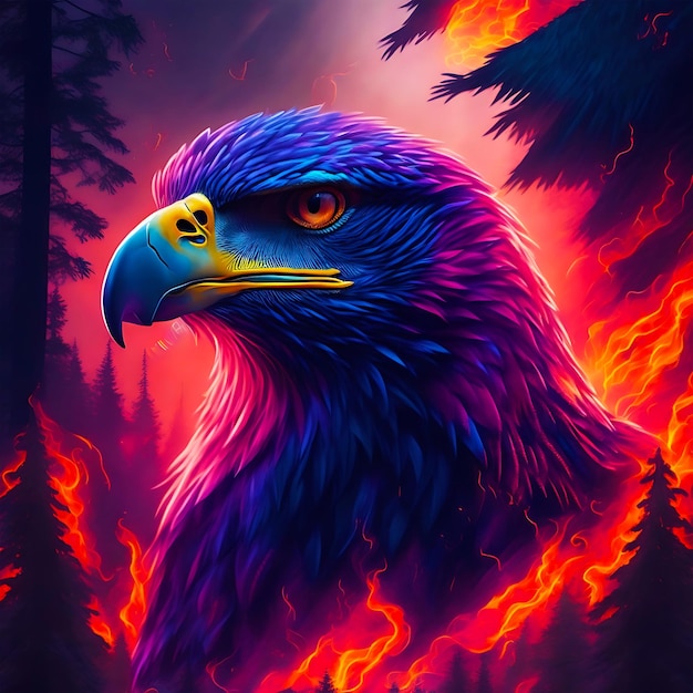 Forest Eagle colorful neon fire Generated Ai