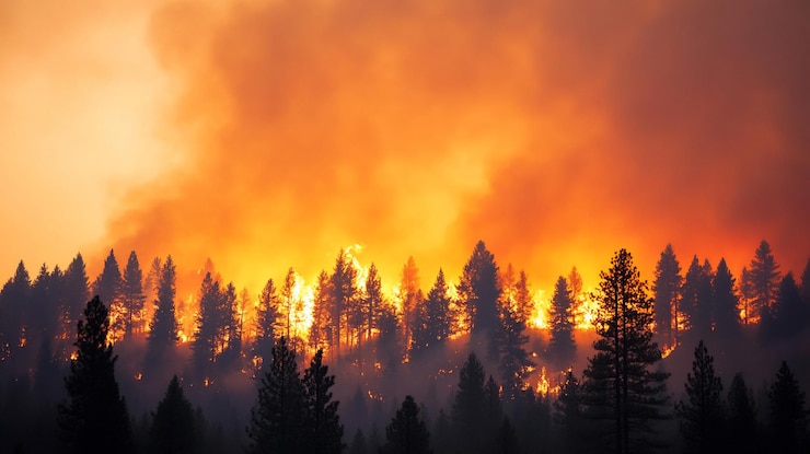Photo a forest engulfed in flames showcasing the intensity of wildfires