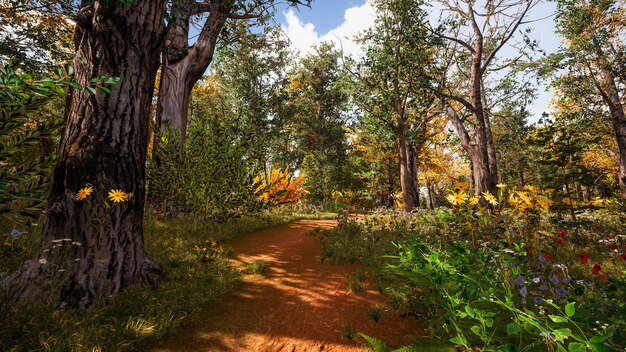 Forest environment in autumn 3d rendering