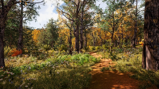 Forest environment in autumn 3d rendering