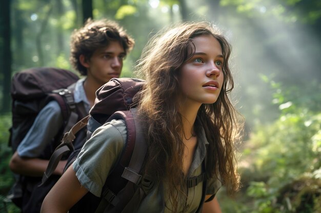 Forest expedition a couple on a hiking trip