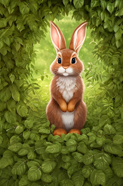 forest fantasy cute ginger rabbit in green leaves