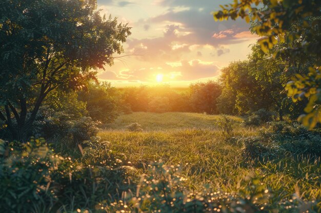 Photo forest and field at sunset