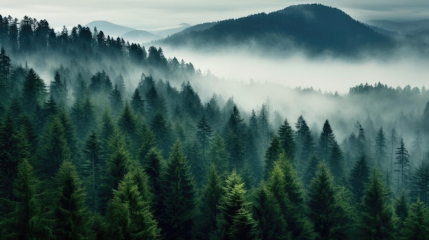 a forest filled with lots of trees covered in fog