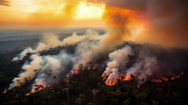 Forest fire in the Amazon rainforest seen by drone Generative AI