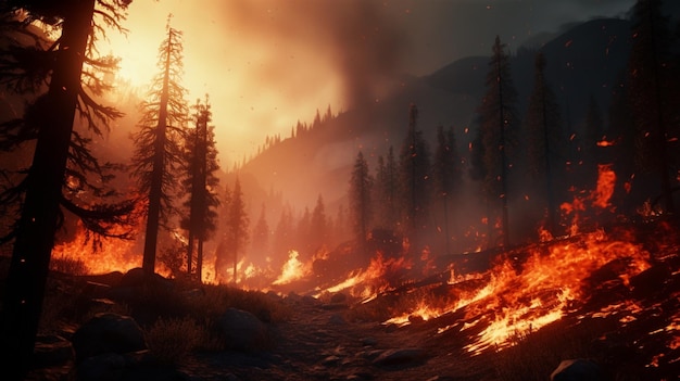 Forest fire burning land in the forest Generative AI