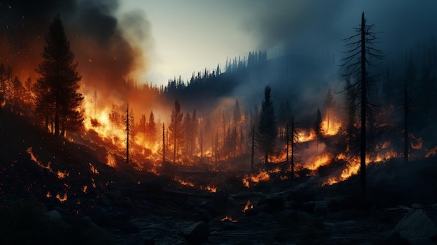 Photo forest fire burning land in the forest generative ai