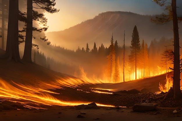 a forest fire burning in the mountains