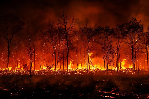 a forest fire burning in the night