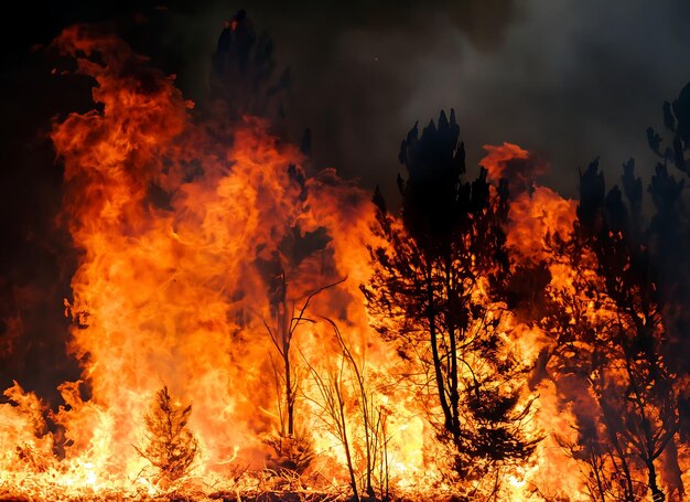 Foto incendio boschivo alberi in fiamme fuoco e fumo alberi bruciati dopo incendio forestale inquinamento e molto fumo