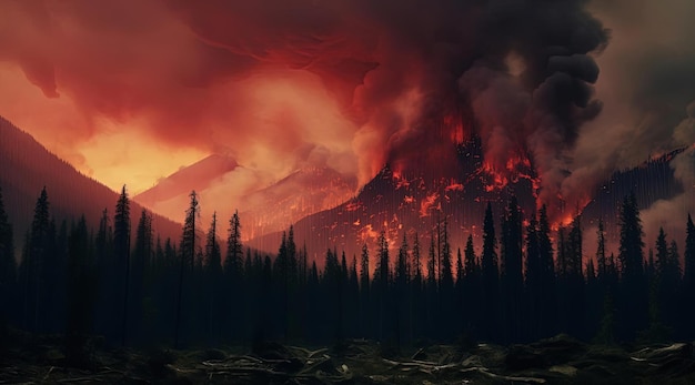 a forest fire burns under dark clouds behind mountain and a