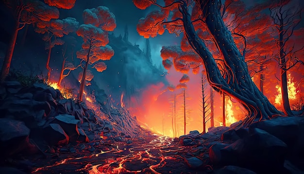 Forest on fire by magma from volcano eruption Smoke rises in night sky Generative AI