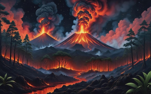 Photo forest on fire by magma from volcano eruption smoke rises in night sky