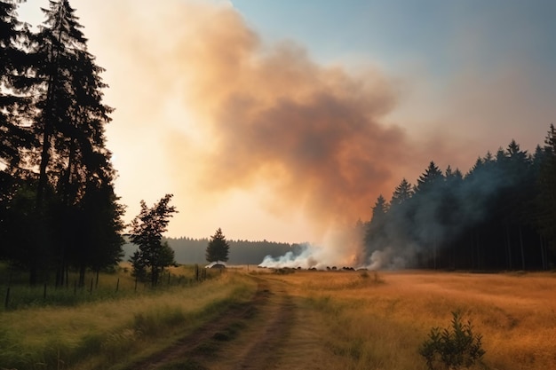 夕方の山火事