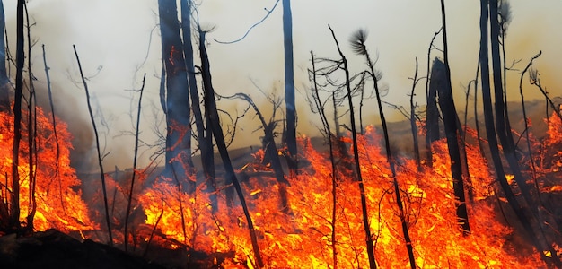 forest fire fire tree on the hill red flames burning tree branches covered in smoke