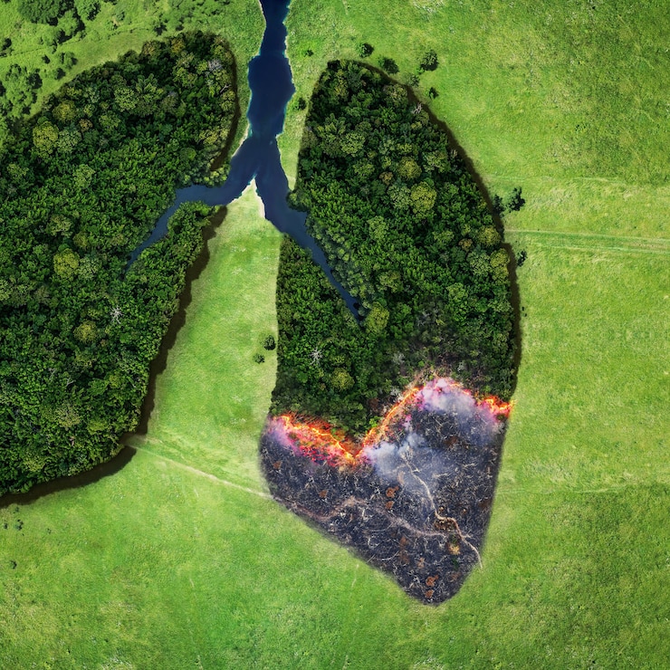 Photo forest and fire on a green field, top view. trees in the form of lungs, the health of planet earth. concept of environmental pollution. lungs smokers creative idea