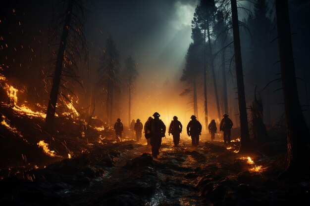 写真 暗の森の火事消防士が火事と戦っている