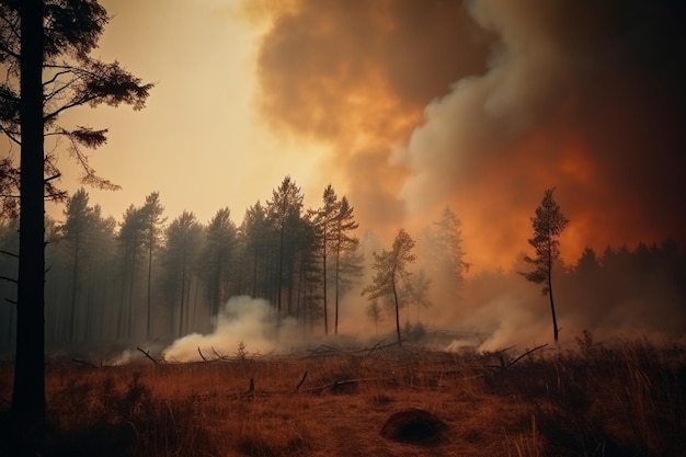 A forest fire is burning in the background with a smoke cloud in the sky.