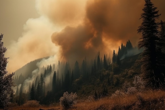 A forest fire is burning in the mountains