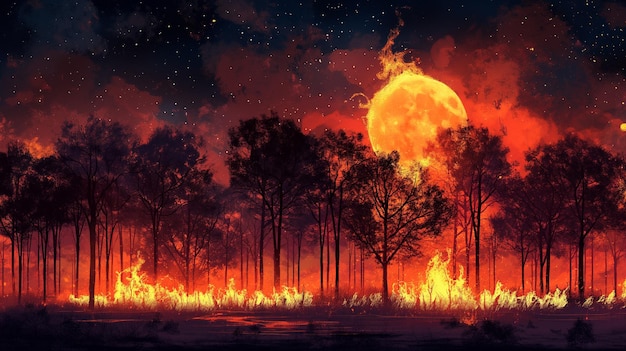 Photo a forest fire is burning in the woods with a large orange moon in the sky