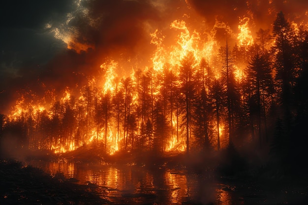 Photo forest fire is raging with smoke and flames billowing into the sky scene is one of destruction and danger