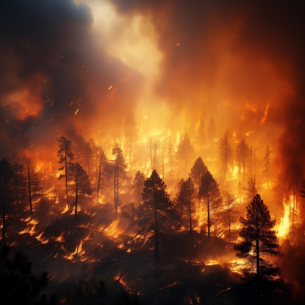 건조 한 계절 에 많은 에이커 의 소나무 들 이 산불 에 타버린다 산불 은 숲 에서 타버린다