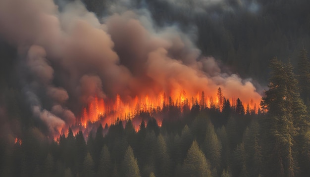 Photo forest fire in the mountains