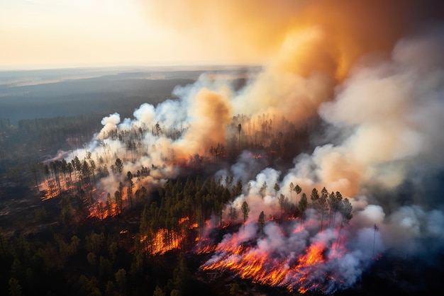 산불 자연재해 산불은 나무와 풀을 태우고 산불의 연기가 숲 위에 3d 렌더링