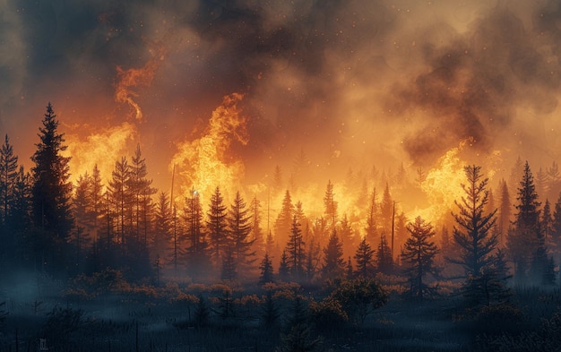 Foto forest fire at night natural disaster flames destroy the forest fiery glow over the fire 3d image