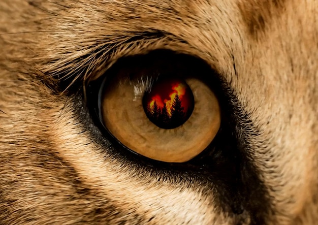 A forest fire reflected in the eyes of an animal