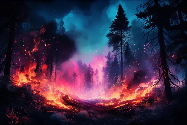 forest fire in summer neon