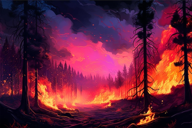 forest fire in summer neon