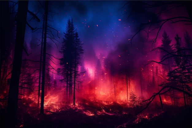 forest fire in summer neon