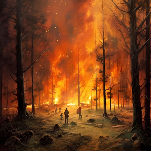 Forest fire with burning trees and save environment and wild natural Generative AI