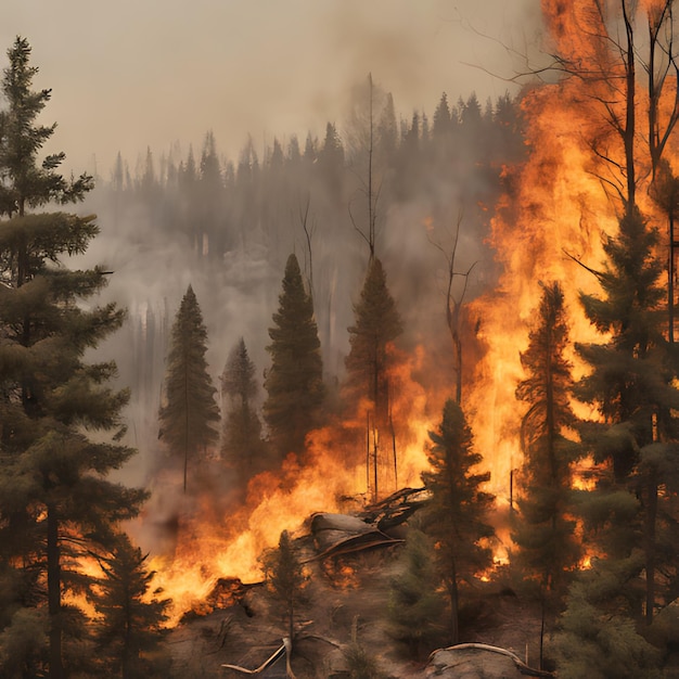 a forest fire with a forest in the background and a forest fire in the background