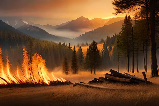 a forest fire with a mountain in the background