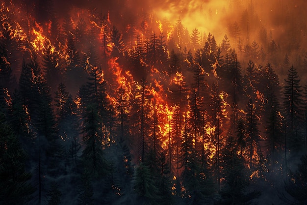 Photo a forest fire with pine trees in the background