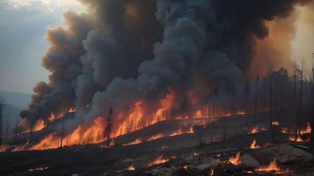 Forest fire with thick smoke